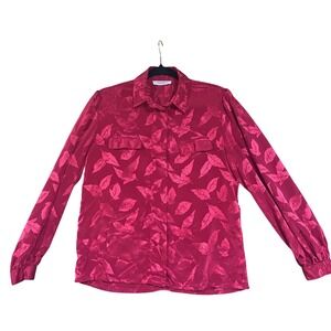 Vintage Jozell Red Leafy Print Button Down Long Sleeve Shirt Autumn‎ Womens 8